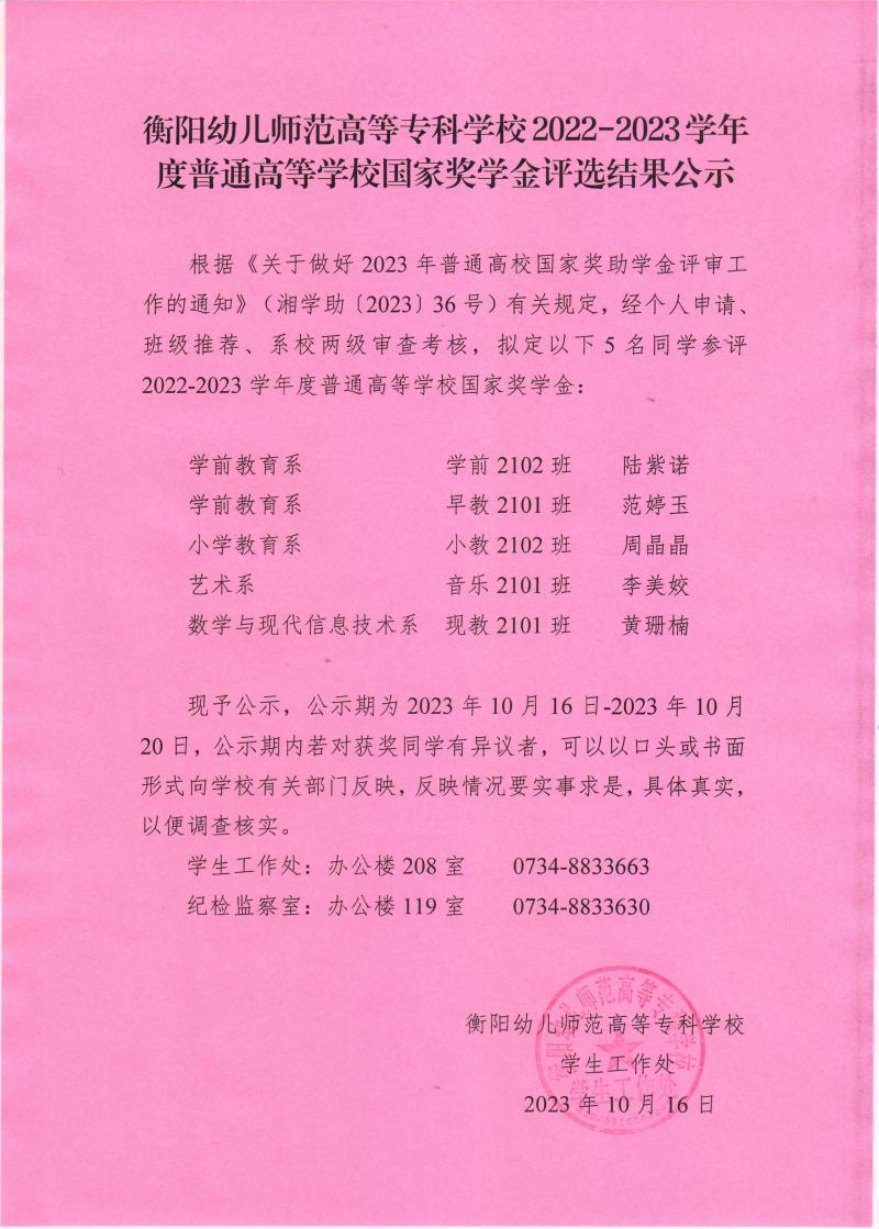 2022-2023學年度普通高等學校國家獎學金評選結(jié)果公示——衡陽幼兒師范高等?？茖W校.jpeg