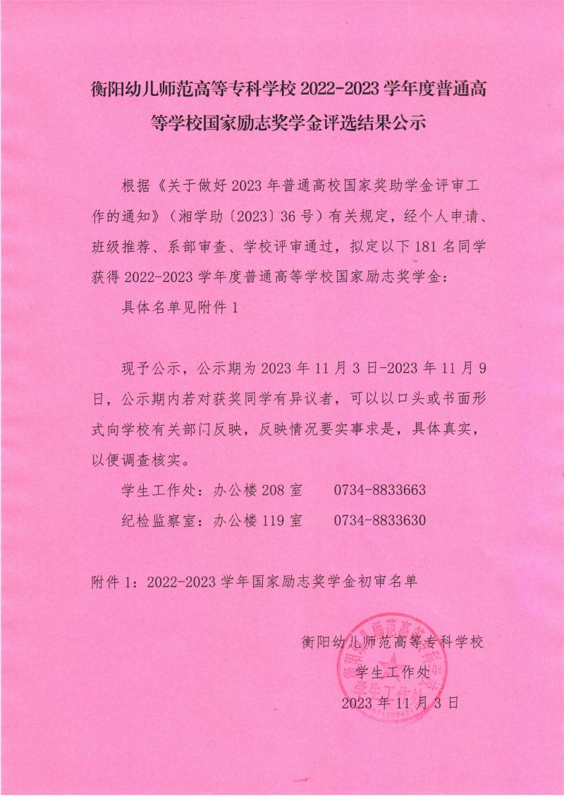 2022-2023學年度普通高等學校國家勵志獎學金評選結果公示（衡陽幼兒師范高等專科學校）.jpeg