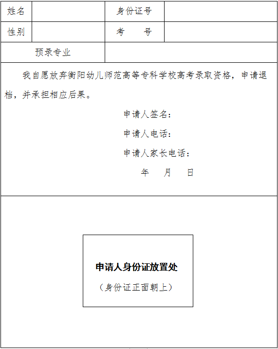 自愿放棄衡陽(yáng)幼兒師范高等?？茖W(xué)校2020年高考錄取資格申請(qǐng)表